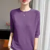 Blusa de tricô fina de gola redonda com mangas médias para primavera-verão, de primeira linha, pronta para usar, com corte raglã solto e mangas curtas, para mulheres