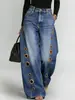 Nuevos jeans cruzados europeos y americanos para mujer con diseño de ojales metálicos, jeans casuales holgados de cintura alta de pierna ancha para Amazon