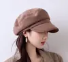 Chapéu octogonal retrô de brim de couro para mulheres, estilo britânico, outono e inverno, cor sólida, afina o rosto, boné bico de pato moderno e versátil