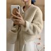 Chic Invierno Simple Elegante Cuello Redondo Solapa Sencilla Holgada Versátil Chaqueta de Lana de Cordero con Bolsa