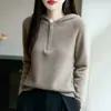Suéter de Lã Grossa com Capuz Feminino Outono Inverno Novo Estilo Meio Zíper Tricô Casual Malha Solta Camada Base com Capuz