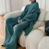 Traje de Punto Transfronterizo para Mujer Otoño e Invierno 2025 Espesado Nuevo Estilo Moda Pantalones de Pierna Ancha Suéter Cardigan Conjunto de Tres Piezas para Mujer