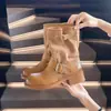 Botas de moda vintage desgastadas para mujer, nuevo modelo 2026, color desgastado, tacón grueso, suela gruesa, botas de jinete con hebilla de cinturón, botas apiladas de media pantorrilla