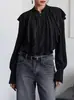 Blusa con Volantes Estilo Palacio 2026 Primavera Elegante Holgada Negra Cuello Alto Camisa de Gasa Ropa para Mujer de Comercio Exterior