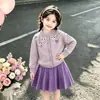 Conjunto de Suéter para Niña Estilo Coreano Flor Tridimensional Morado Cárdigan Tejido 2026 Elegante Suéter de Manga Larga Conjunto de Dos Piezas