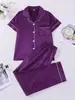 Comercio Exterior Transfronterizo Conjunto de Pijama Morado Satín Estilo Europeo Solapa Cardigan Manga Corta Pantalón Largo Ropa de Casa para Mujer Venta al por Mayor