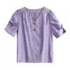 2026 Verano Nuevo Top Morado Holgado de Cuello en V con Mangas Abullonadas Camisa Pequeña Elegante Camisa de Gasa Moderna Camisa de Manga Corta para Mujer