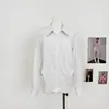 Camisa blanca de cuello rayado con cintura plisada para mujer, estilo casual holgado, manga larga, estampado de línea de otoño, ligeramente elástica