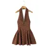 Moda Femenina Nueva Estilo Europeo y Americano Primavera y Verano Sexy Chica Caliente Escote Profundo Halter con Lunares Flock