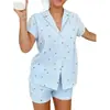 Conjunto de Ropa para el Hogar para Mujer en Primavera, Verano y Otoño, Conjunto Casual de Moda a Rayas con Forma de Corazón con Pantalones Cortos Elásticos y Conjunto de Pijama