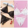 Conjunto de Lencería Sexy y Atractivo con Encaje, Ropa de Dormir Transparente de Tres Piezas con Abertura en la Entrepierna para Mujer