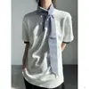 Camiseta Masculina de Verão com Gola Preta, Costura Xadrez, Manga Curta, Senso de Design, Nicho, Ombro Caído Pesado, Casal Americano, Manga Meia