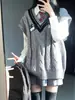 Estilo Japonés Trenzado Estilo Universitario Vintage Combinable para Todo Patrón Reductor de Edad Suéter de Punto Gris Chaleco Holgado para Usar Como Exterior