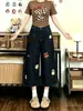 Shorts de Mezclilla Sueltos Negros de Moda para Mujer, Pantalones Rectos Versátiles de Tiro Alto, Bordados, Dobladillo, Pierna Ancha, Cortos