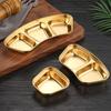 Plato de acero inoxidable 304 coreano con sabor, forma de abanico, salsa dorada para mojar, plato de condimento de 3 rejillas, olla caliente comercial para barbacoa, plato pequeño