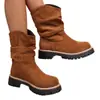 Botas Vaqueras Bordadas Retro de Gran Tamaño con Corte en V para Mujer 2025, Botas de Montar Marrones de Tacón Cuadrado hasta la Mitad de la Pantorrilla para Otoño e Invierno
