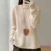 Suéter Novo Outono e Inverno 2026, 100% Lã, Pulôver Feminino com Design de Crochê, Corte Justo, Camada Interna, Tricô Gola Redonda