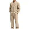Amazon Moda Traje de Lino Europeo y Americano Sencillo Casual Camisa de Manga Larga con Cuello de Solapa y Pantalón Recto Conjunto de Dos Piezas