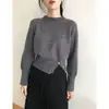 Estilo simple, diseño de abertura lateral, suéter de punto redondo para mujer, adecuado para primavera, otoño e invierno, longitud corta, perfecto como capa interior o capa base