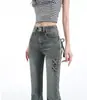 Calça jeans flare com laço estilo americano para mulheres, design de cintura alta, corte slim, boca de sino, coleção primavera e outono 2026