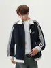 Chamarra tipo bomber de estilo universitario para hombre y mujer, con cuello alto y tres franjas estilo americano, corte holgado, sudadera deportiva casual para otoño