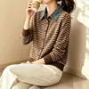 Suéter Cardigan de Punto Rayado Patchwork Estilo Nuevo Otoño/Invierno 2026 con Cuello de Solapa, Top de Moda para Mujer
