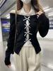 Suéter Corto de Punto con Cuello en V Calado para Mujer de Manga Larga Otoño e Invierno con Hombreras Top Holgado Adelgazante Casual Cintura Alta Ombligo