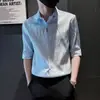 Nova Camisa Masculina de Seda Gelada Plissada de Manga Curta de Verão 2026, Elegante Camisa de Negócios Slim-Fit de Manga de Cinco Polegadas