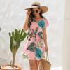 Vestido con Estampado Floral Nuevo de Primavera y Verano con Cordón Cuello en V Manga Corta Casual para Vacaciones Holgado Estilo Resort Corbata