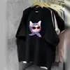 Camiseta de Manga Corta 100% Algodón Puro para Verano, Elegante y Personalizada, con Lindo Estampado de Gato de Dibujos Animados, Top Chic Adelgazante para Usar por Encima