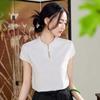 9885 # Dropshipping 2025 Verão Novo Estilo Nacional Novo Chinoiserie Camiseta Feminina de Algodão Fornecimento