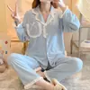 Pijama Nuevo Otoño Invierno para Mujer Cárdigan Color Sólido Canalé Estilo Princesa Lindo Dulce Estudiante Solapa Ropa para el Hogar