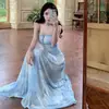 Vestido de Tirantes con Diseño de Perlas Azules Estilo Resort para Mujer Verano Cintura Falda Larga