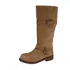 Botas de diseño nicho estilo coreano, botas apiladas vintage desgastadas para mujer, con hebilla de cinturón, de media pantorrilla, hasta la rodilla, botas largas grises de Xinjiang