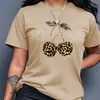 Camiseta Casual de Manga Corta para Mujer Talla Europea - Estampado de Leopardo Patrón de Cerezas con Letras Brillantes Cuello Redondo Top de Manga Corta para Mujer
