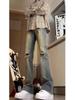 2024 Retro Azul Joelho Rasgado Jeans Calças Masculinas American High Street Reto Cintura Alta Bootcut Jeans