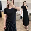 Tricô Simples de Alta Qualidade Preto e Branco em Triacetato! Ombro Quadrado Generoso Bainha Enrolada Emagrecimento Manga Curta Textura Fresca Camiseta Fina Verão