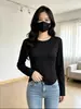 Camiseta de manga larga con cuello redondo para mujer, otoño e invierno, diseño único, corte ajustado, top interior de moda, hombro normal, camiseta base con dobladillo irregular