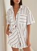 Transfronterizo 2025 Amazon Primavera Nuevo Camisa Rayada de Bolsillo de Manga Corta Shorts de Sarga Conjunto de Dos Piezas de Camisa