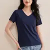 Camiseta Macia e Amiga da Pele em Lã Tencel, Decote V, Caimento Ajustado, Manga Curta, para Mulheres, Estilo Verão, Expondo a Clavícula, Top com Ombro Normal