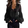Ropa europea y americana para mujer de venta transfronteriza, blusa de gasa con encaje en V, mangas largas abullonadas plisadas y volantes, corte holgado para mujer