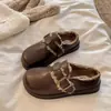 Pantuflas de cuero Birkenstock de suela gruesa forradas de pelo 2026 nuevo estilo mujer invierno punta cerrada sin cordones cálidos zapatos de algodón mujer