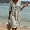 2026 Nuevo Vestido Largo Rayado de Cuello en V con Volantes y Botones Transfronterizo Moda Casual para el Trabajo Falda Larga Estilo Verano para Mujeres