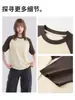Camiseta unisex de peso pesado estilo americano, nueva para el verano de 2026, color block vintage, manga corta raglán, corte holgado, cuello redondo, patchwork