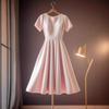 Vestido de Citas de Estilo de Pesca Exquisito de Alta Gama Estilo Francés Elegante Chic Rosa Satén Manga Corta Cintura Vestido Otoño de Mujer