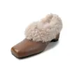 Elegantes zapatos peludos de punta cuadrada para mujer, zapatos de algodón cálido de felpa, zapatos pequeños Mary Jane de cuero