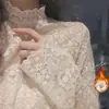 Blusa de Encaje Super de Hada para Mujer, Otoño e Invierno 2026 Nuevo Versátil Manga Larga Cuello Semi-Alto Base de Malla Camiseta Top de Moda