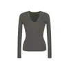 Top de punto de manga larga con cuello en V color té con leche 5werkwe, versátil camiseta básica de ajuste slim para primavera/verano, elegante