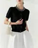 Hongmi Apparel/Nova Malha de Tricô Redonda com Manga Curta e Contas Primavera-Verão 2026 para Mulheres, Elegante Cardigan Top para o Trabalho