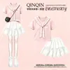 Conjunto de verano estilo universitario para niños mayores, dulce vestido tipo pastel estilo coreano con chal a rayas versátil y conjunto de dos piezas de manga corta